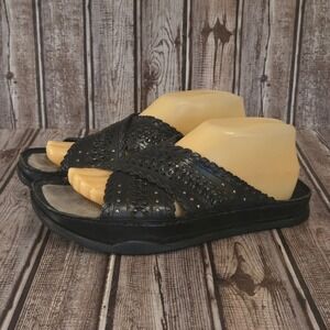 Sz 8.5 B Earth Kalso Chacha Black Woven Leather Negative Heel Slides Sandals